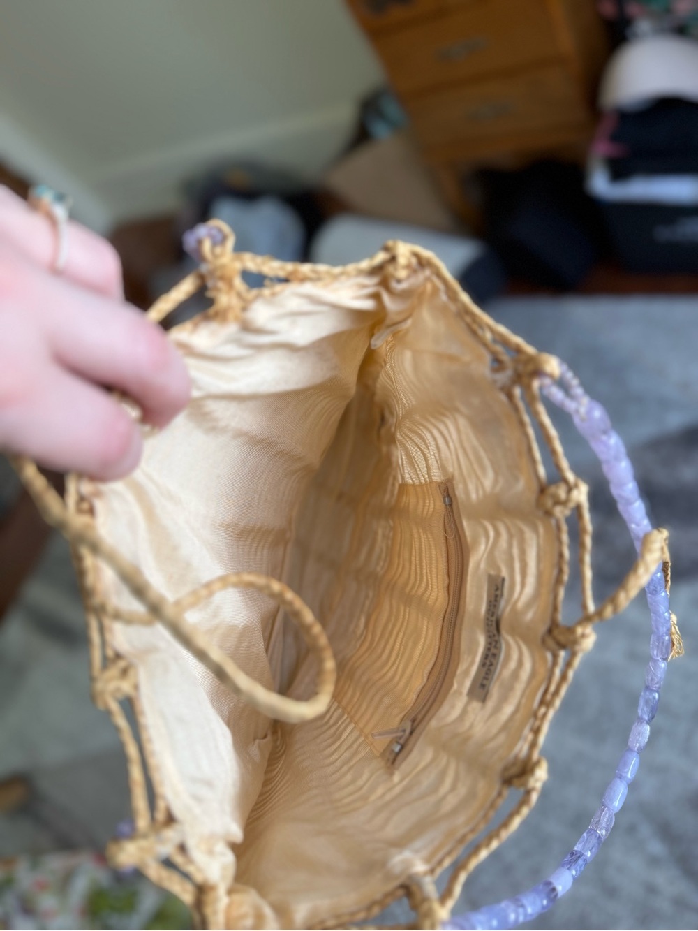 Y2K American Eagle boho straw shoulder tote with purple beaded stone strap - Picture 4 of 4